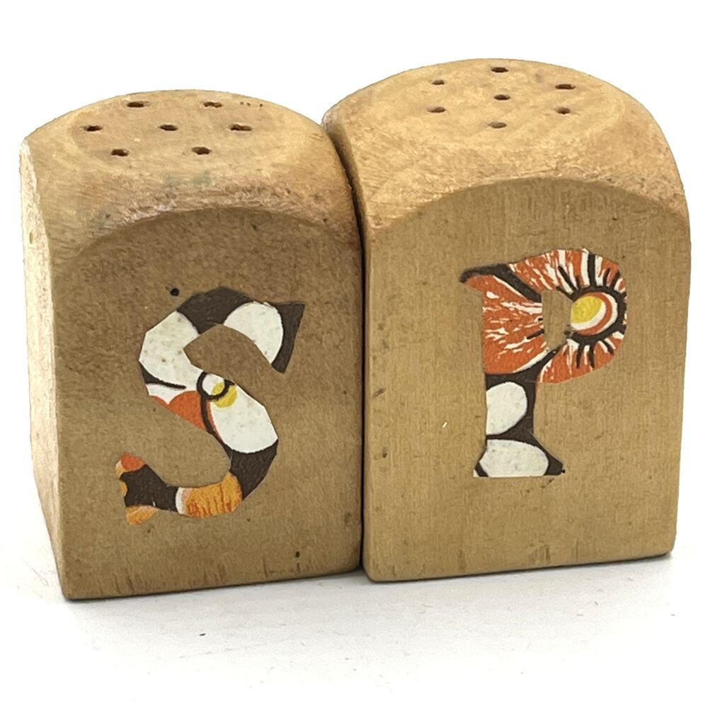 Vintage Handmade Wood Block Salt Pepper Shakers Painted Mosaic Folk Art 1970s
